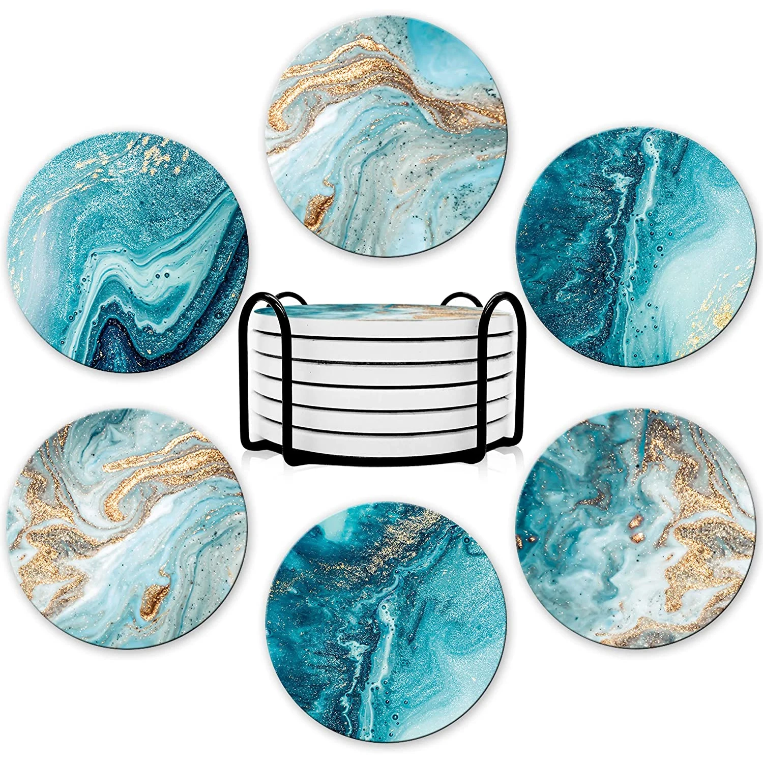 Marble Coaster Set - ชุดที่รองแก้วเครื่องดื่ม 6 ชิ้นพร้อมขายึด สไตล์หินอ่อน ที่รองแก้วเซรามิกสำหรับป้องกันเดสก์ท็อป