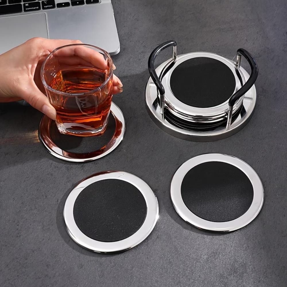 Marble Coaster Set - ชุดจานรองแก้วสแตนเลสทรงกลม 6 ชิ้น/ชุด แบบมินิมอล กันน้ำ ฉนวนกันความร้อน