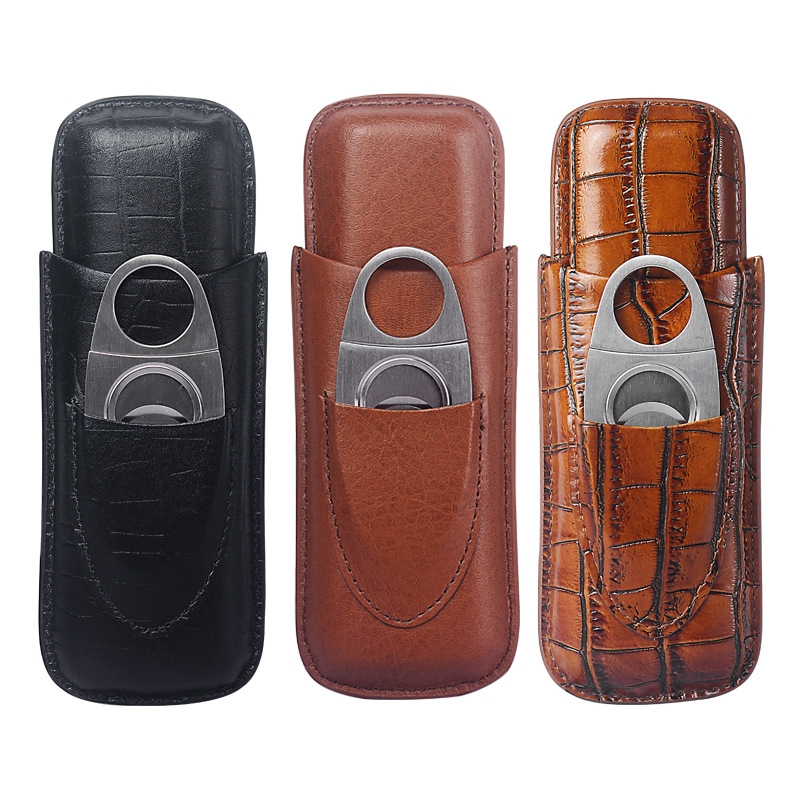 Premium Cigar Case - กล่องซิการ์หนังแบบพกพา 2 นิ้ว พร้อมที่ตัดซิการ์สีเงิน บุด้วยไม้ซีดาร์ กล่องเก็บซิการ์สำหรับเดินทางระดับพรีเมียม