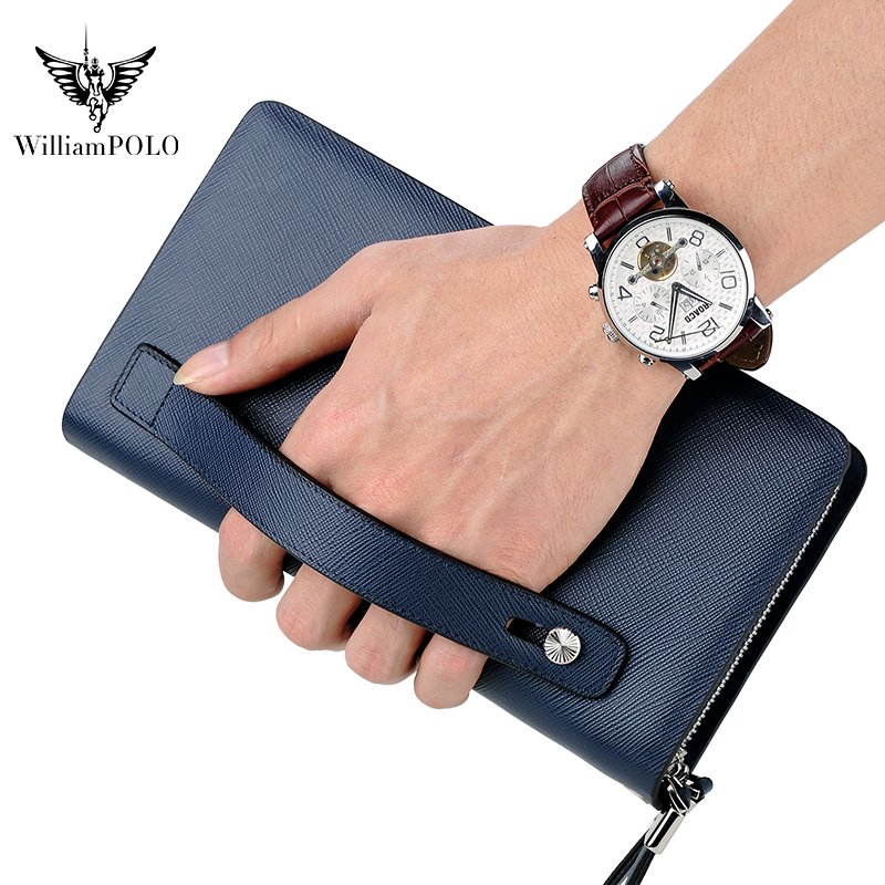 Leather Wallet Men - กระเป๋าคลัทช์หนังแท้ WILLIAMPOLO สำหรับผู้ชาย ความจุเยอะ กระเป๋าสตางค์ใบยาว คุณภาพสูง
