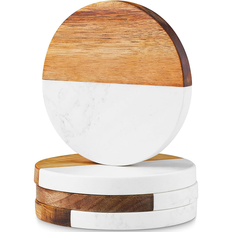 Marble Coaster Set - ชุดจานรองแก้วไม้กระถินณรงค์ลายหินอ่อน 4 ชิ้น รูปทรงกลมและสี่เหลี่ยม สำหรับวางแก้วน้ำ กาแฟ