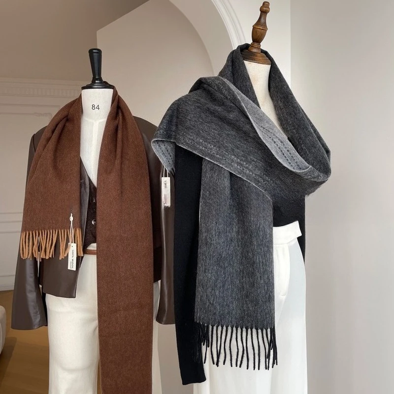Cashmere Scarf - ผ้าพันคอขนแกะแท้ 100% คุณภาพสูงจากออสเตรเลีย สำหรับผู้หญิง ดีไซน์ฤดูใบไม้ร่วงและฤดูหนาว ผ้าคลุมไหล่แคชเมียร์ถักสองด้าน