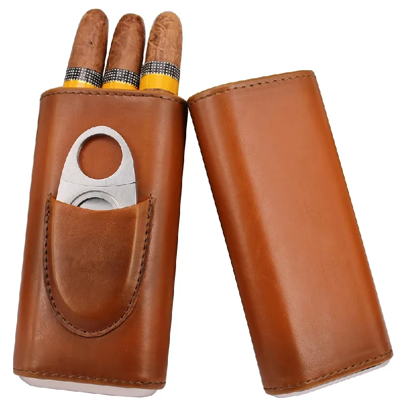 Premium Cigar Case - กล่องใส่ซิการ์หนังแบบมีช่องสำหรับใส่ซิการ์ 3 ชิ้น พร้อมที่ตัดซิการ์ กล่องพกพาสำหรับเดินทาง กล่องใส่ซิการ์คุณภาพสูง