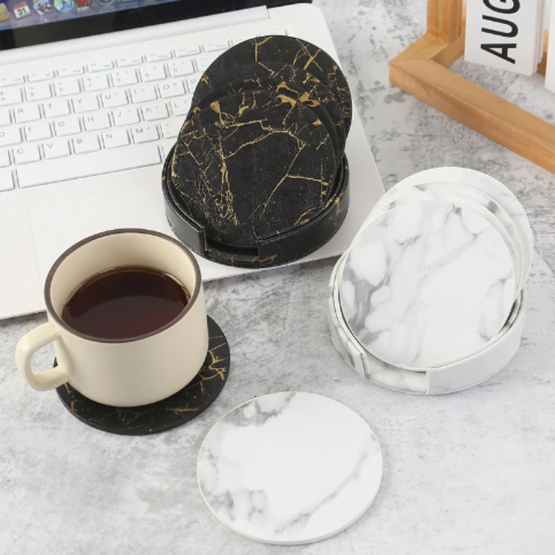 Marble Coaster Set - 6pcsMarble Coaster หนังเทียม 10 ซม.น้ํามันและกันน้ําทนความร้อนพร้อมฐานสองด้านหนัง Coasters