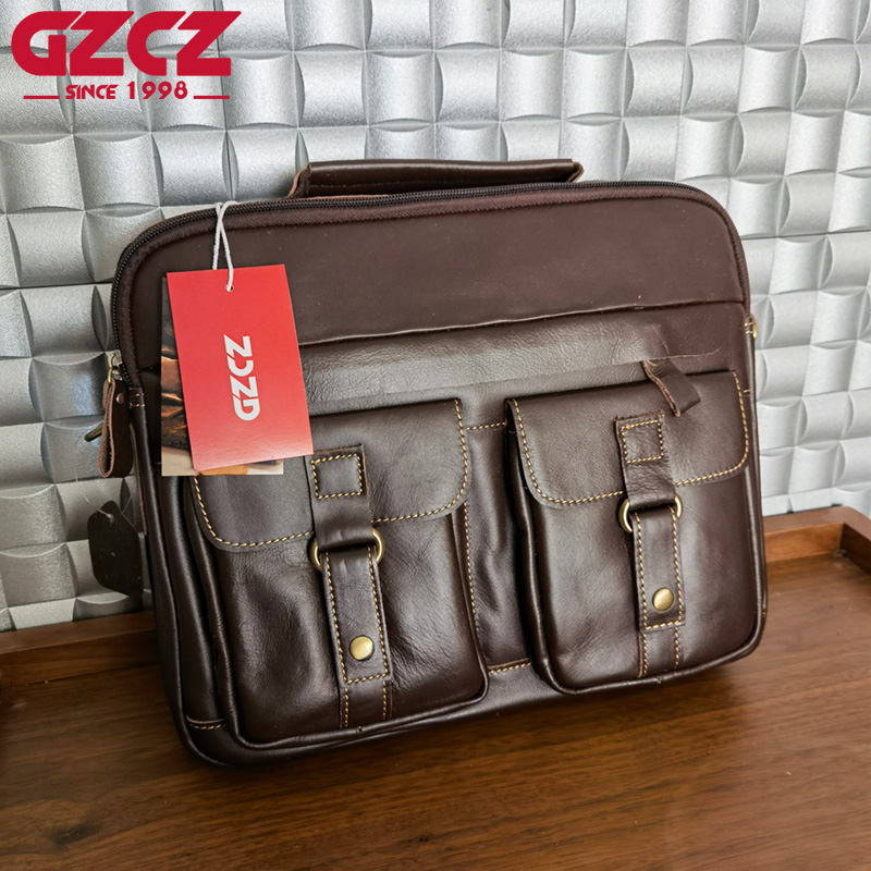 Leather Briefcase - GZCZ กระเป๋าถือผู้ชาย กระเป๋าคอมพิวเตอร์สำหรับธุรกิจ หนังวัวชั้นบนสุด กระเป๋าเอกสารแนวนอน กระเป๋าสะพายสำหรับทำงาน