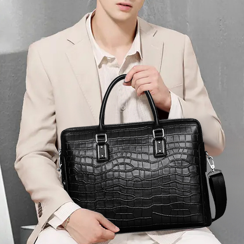 Leather Briefcase - กระเป๋าเอกสารผู้ชายหนังแท้ใหม่ ลายหนังจระเข้ กระเป๋าถือธุรกิจ ความจุขนาดใหญ่ ใส่แล็ปท็อปได้ สะพายไหล่ได้