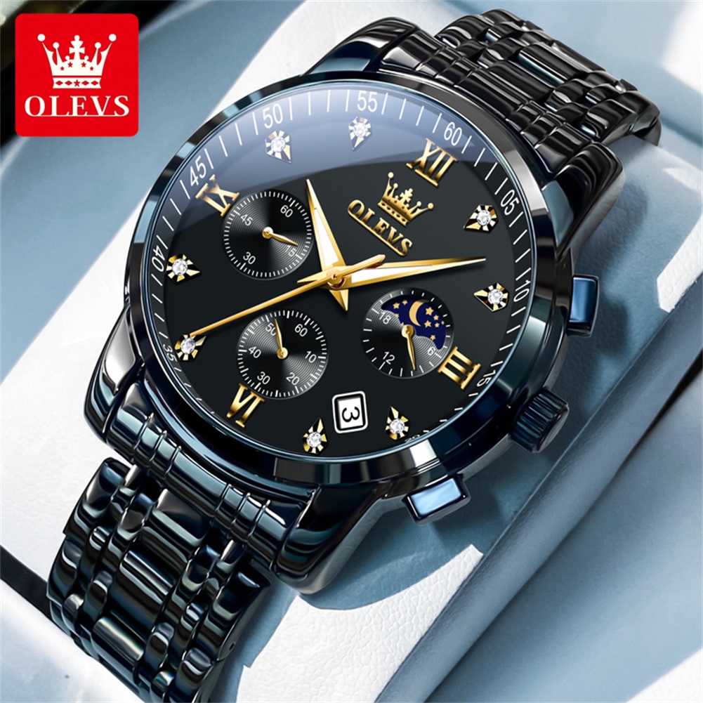 Luxury Watch Men - OLEVS นาฬิกาผู้ชายยอดนิยมสแตนเลสสีดำมูนเฟสโครโนกราฟนาฬิกาควอทซ์สำหรับผู้ชายวันที่นาฬิกาข้อมือแบรนด์เดิม