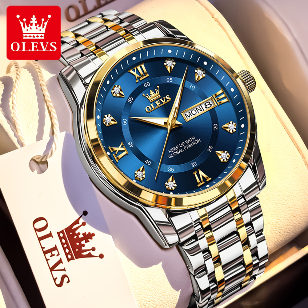 Luxury Watch Men - OLEVS แบรนด์นาฬิกาแฟชั่นผู้ชายสแตนเลสกันน้ำนาฬิกาข้อมือควอตซ์ส่องสว่างนาฬิกาต้นฉบับสำหรับผู้ชายปฏิทินคู่