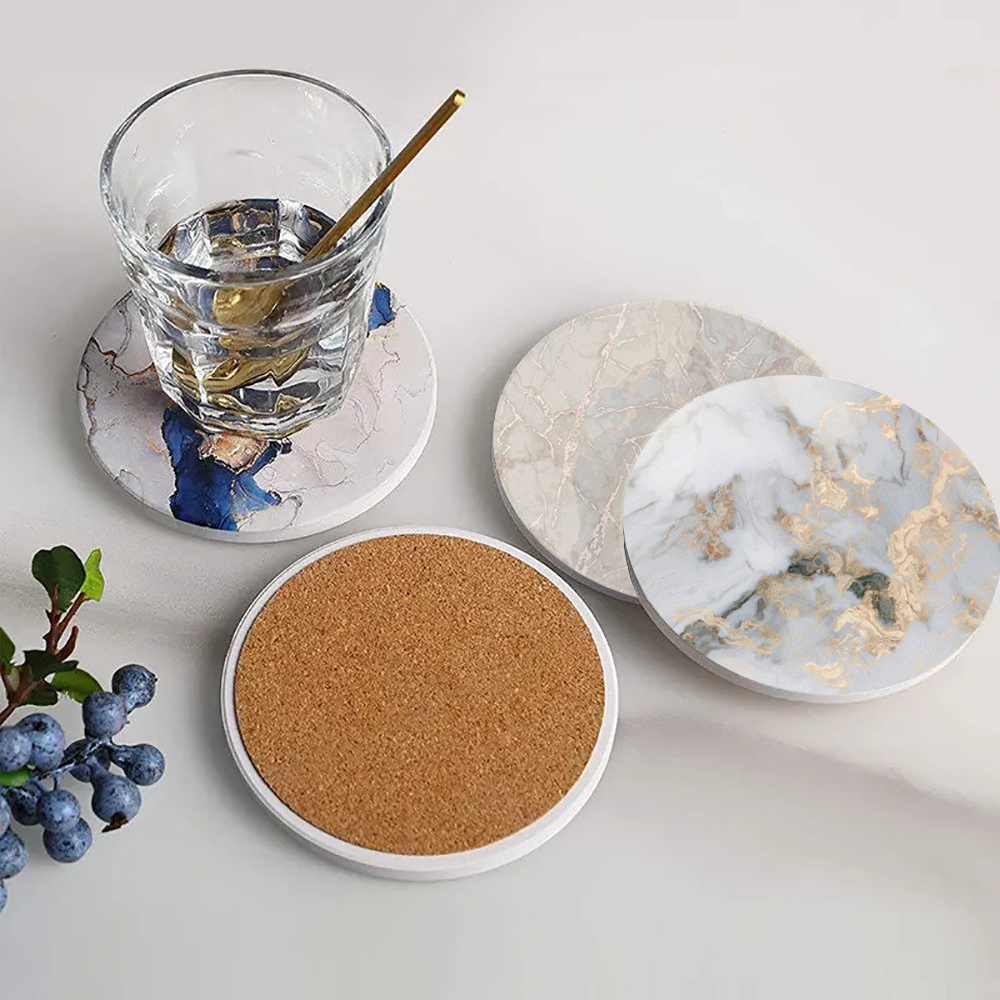 Marble Coaster Set - หินอ่อนสีขาว Coaster ดูดซับเซรามิค Coasters พร้อมฐาน Cork