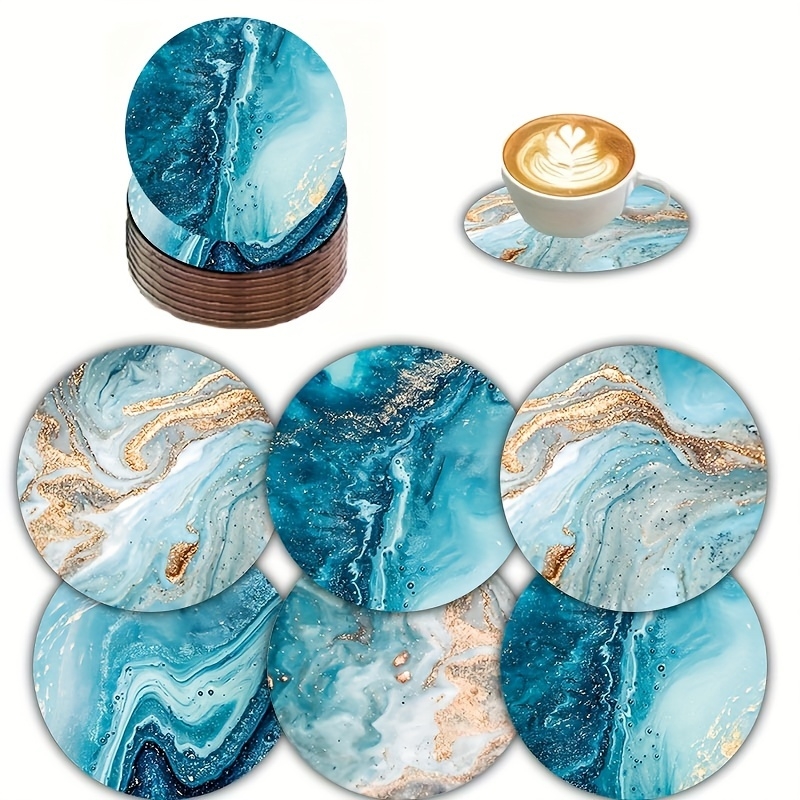 Marble Coaster Set - ชุดจานรองแก้วและแผ่นรองจานไม้ทรงกลม 2 มิติ 6 ชิ้น ลายมหาสมุทรสีน้ำเงิน