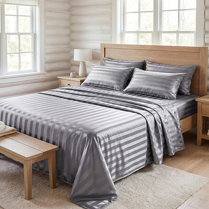 Silk Pillowcase - ชุดผ้าปูที่นอนลายทางผ้าซาตินกันยับ ชุดเครื่องนอนเนื้อผ้าเย็นสบาย พร้อมผ้าปูที่นอนแบบรัดมุมขอบลึก ผ้าปูที่นอนแบบเรียบ และปลอกหมอน