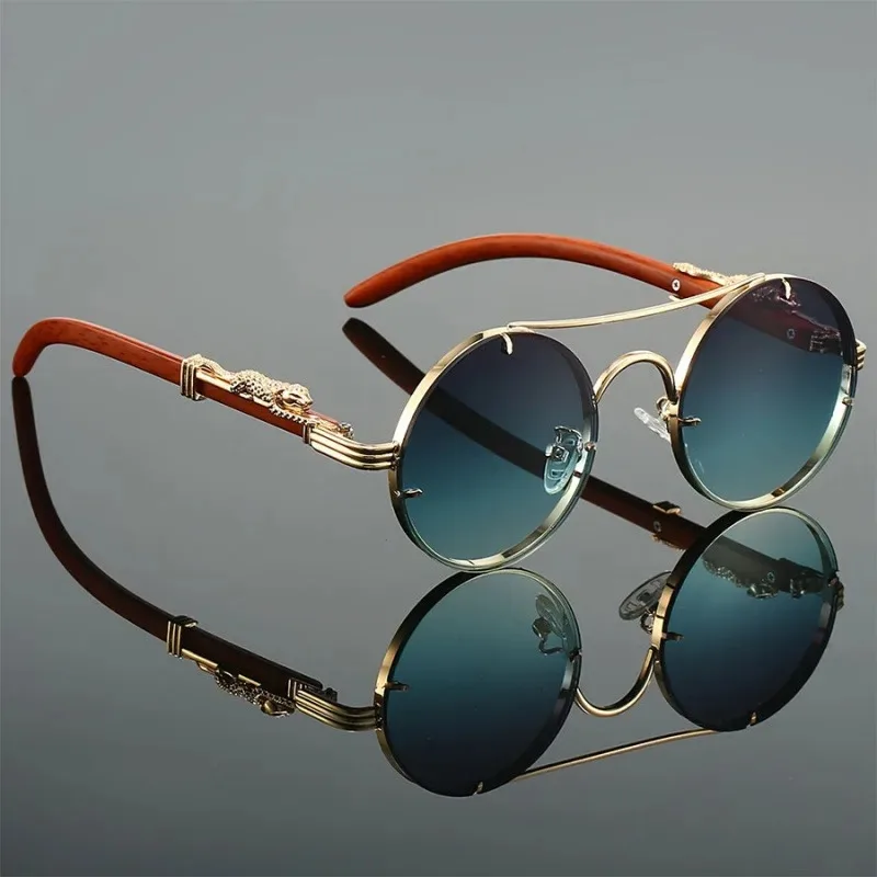 Designer Sunglasses - แว่นกันแดดทรงกลมสไตล์วินเทจสำหรับกิจกรรมกลางแจ้ง แฟชั่นผู้ชาย สะพานแว่นคู่ แว่นกันแดดคลาสสิก แบรนด์เรโทรสำหรับผู้หญิง ดีไซน์หรูหรา