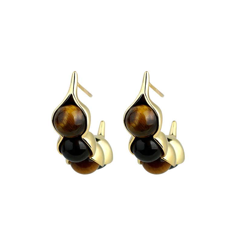Gold Plated Jewelry - Tiger Eye Pod ต่างหูอัญมณีเครื่องประดับจริง Designer Ear